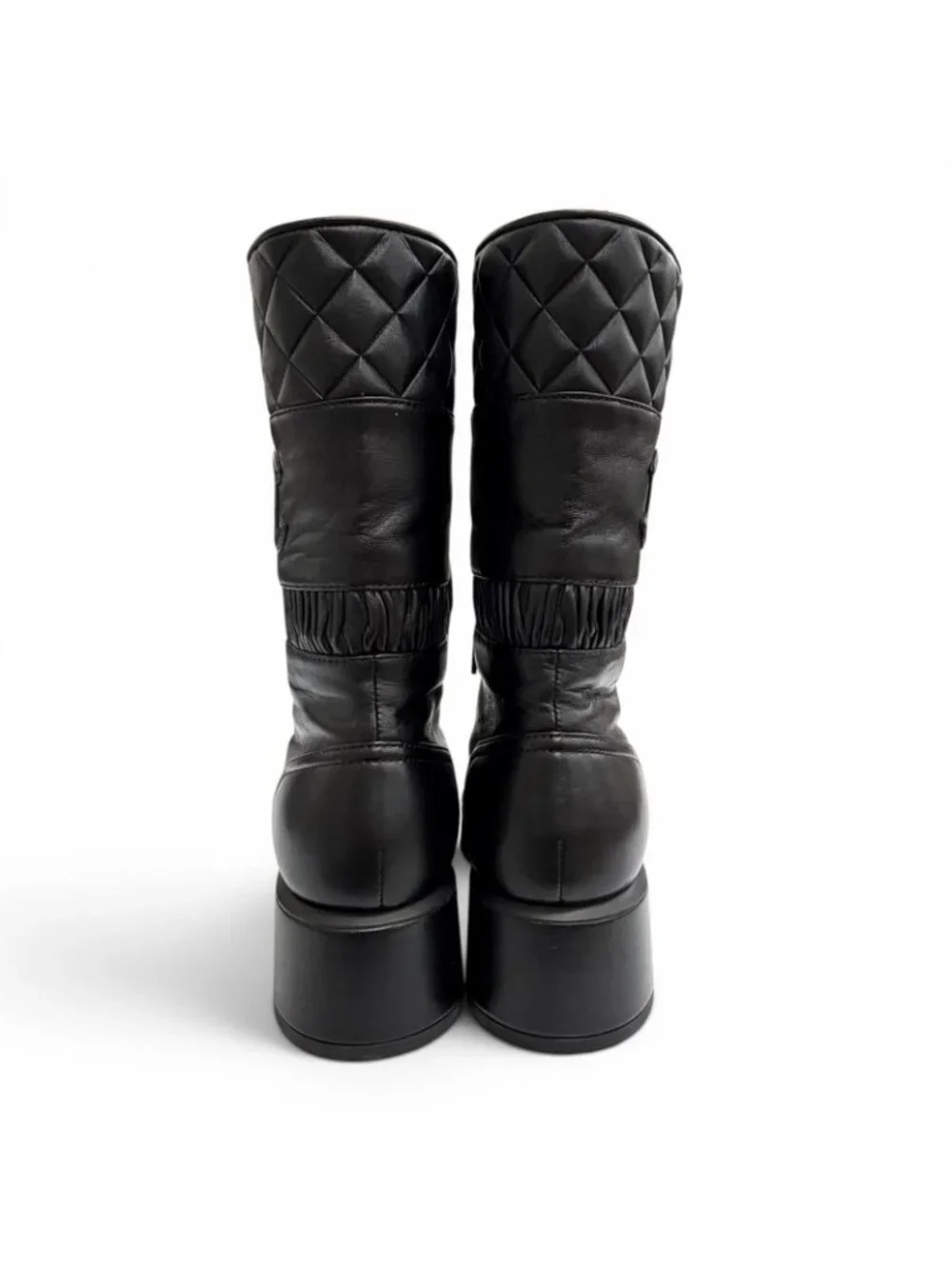 Chanel CC Logo Quilted Lace Up Leather Short Boots Black
